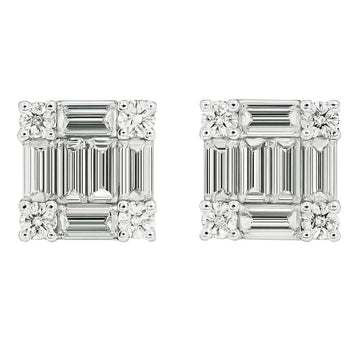 Baguette & Round Diamond Square Studs