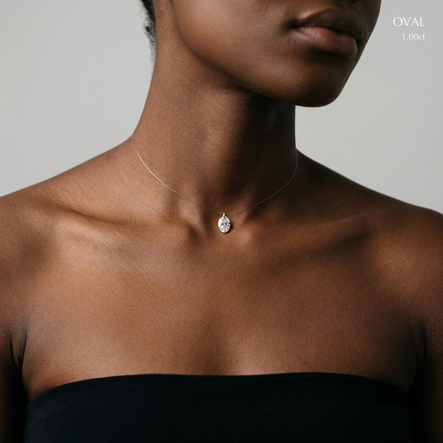 Oval necklace worn on model