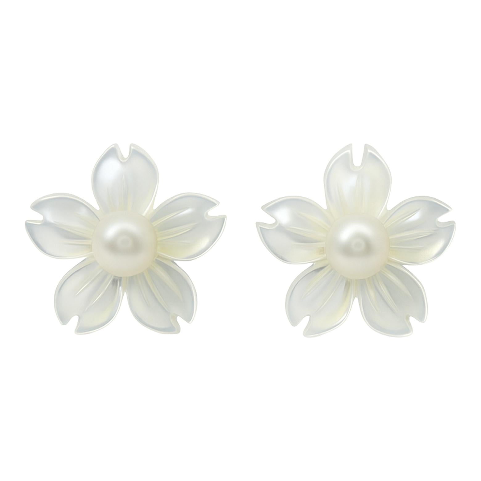 Carved Pearl Blossom Stud Earrings