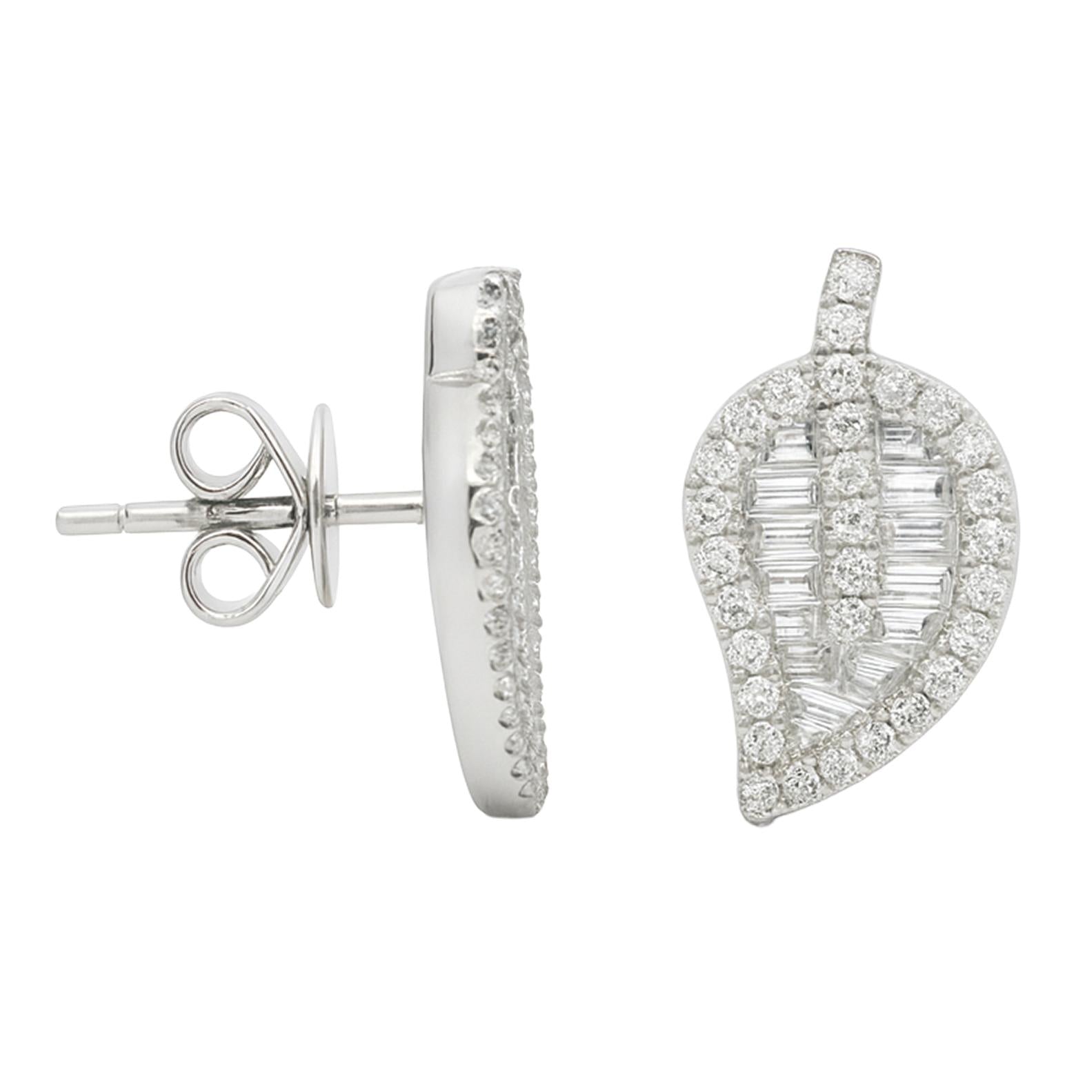 Leaf Baguette Diamond Stud Earrings