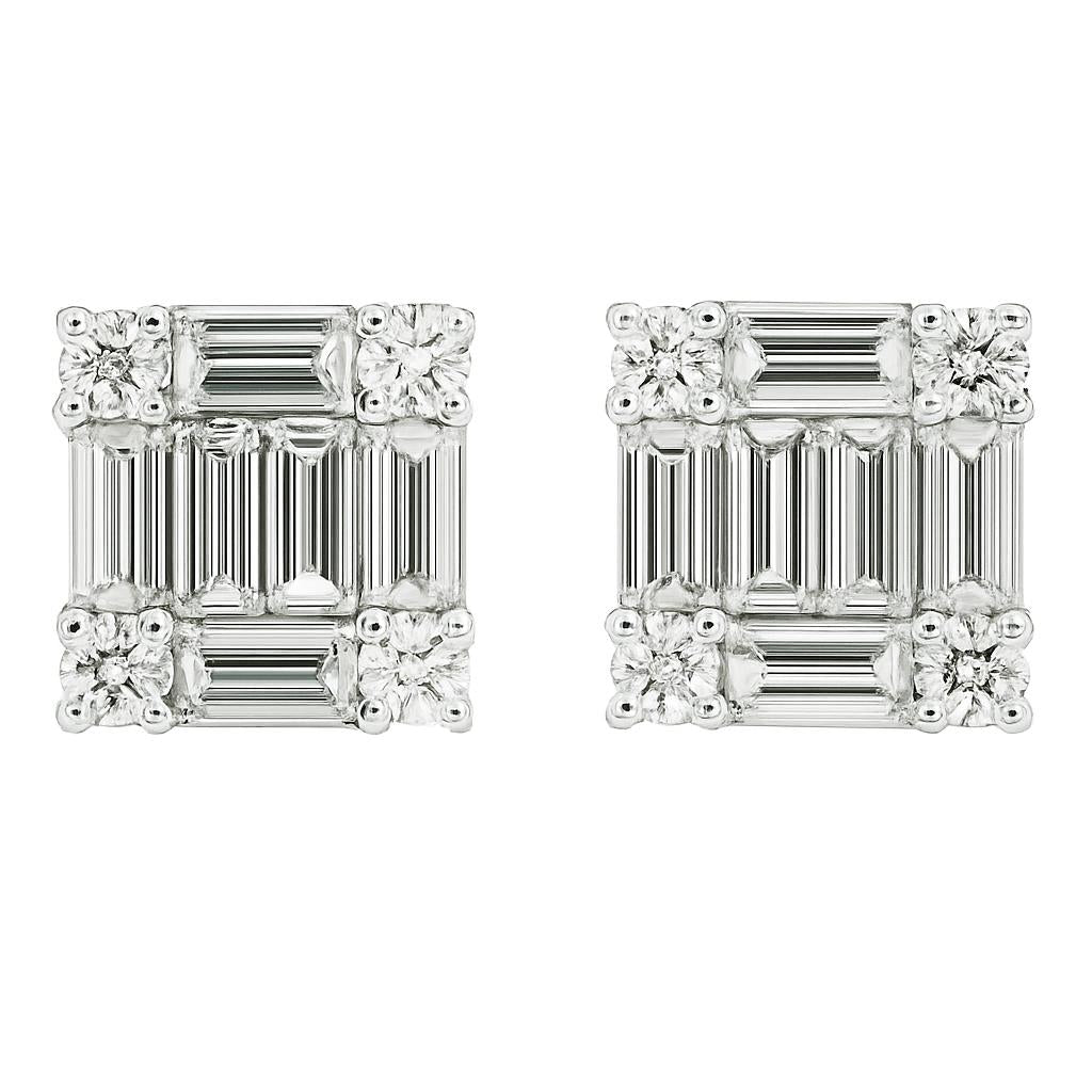 Baguette & Round Diamond Square Studs