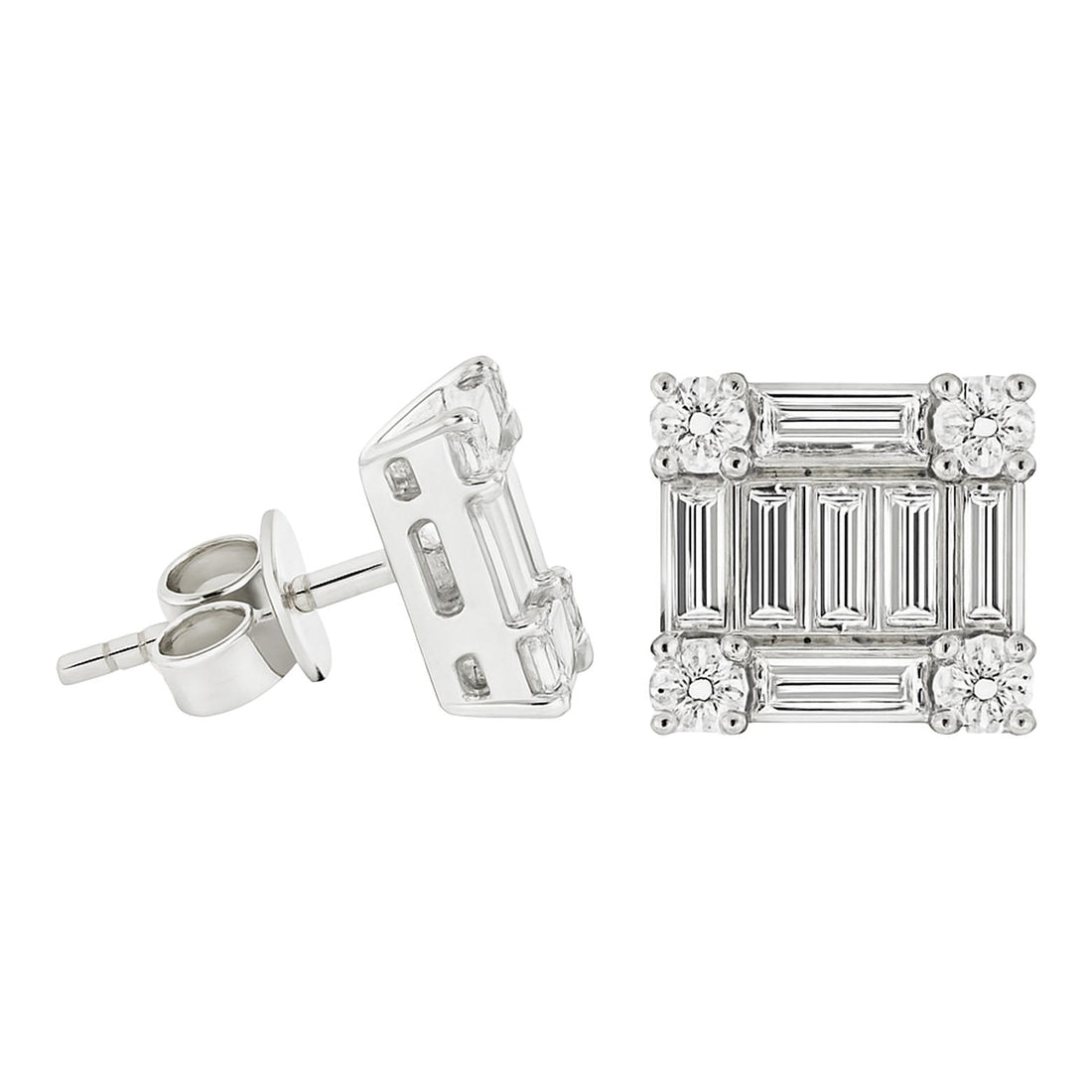 Baguette & Round Diamond Square Studs