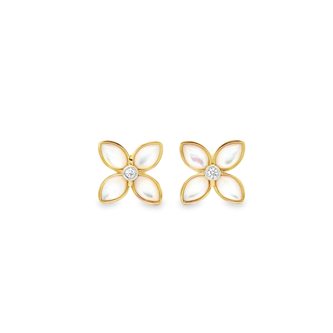 18K Yellow Gold and White Mother of Pearl Flower Stud Earrings