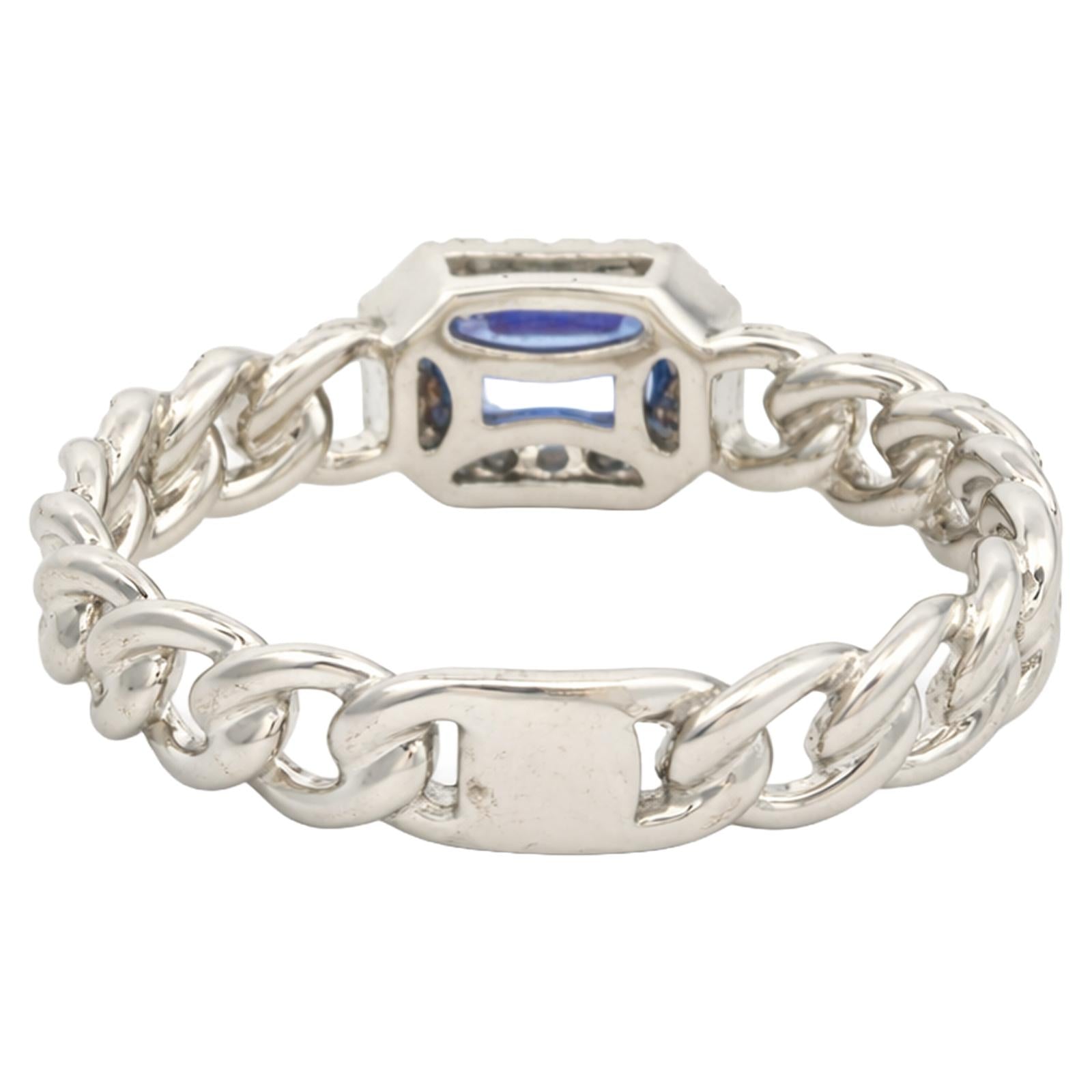 Emerald Cut Tanzanite & Diamond Halo Chain Ring
